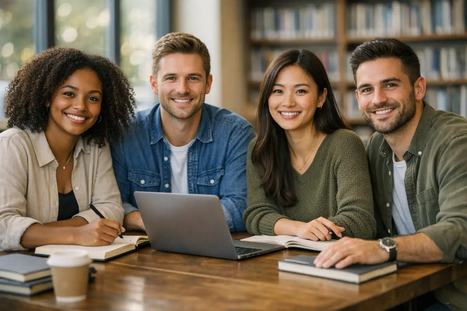 Four diverse young adults collaborating in a bright study space, representing empowerment, confidence, and community on the journey to Canadian citizenship.