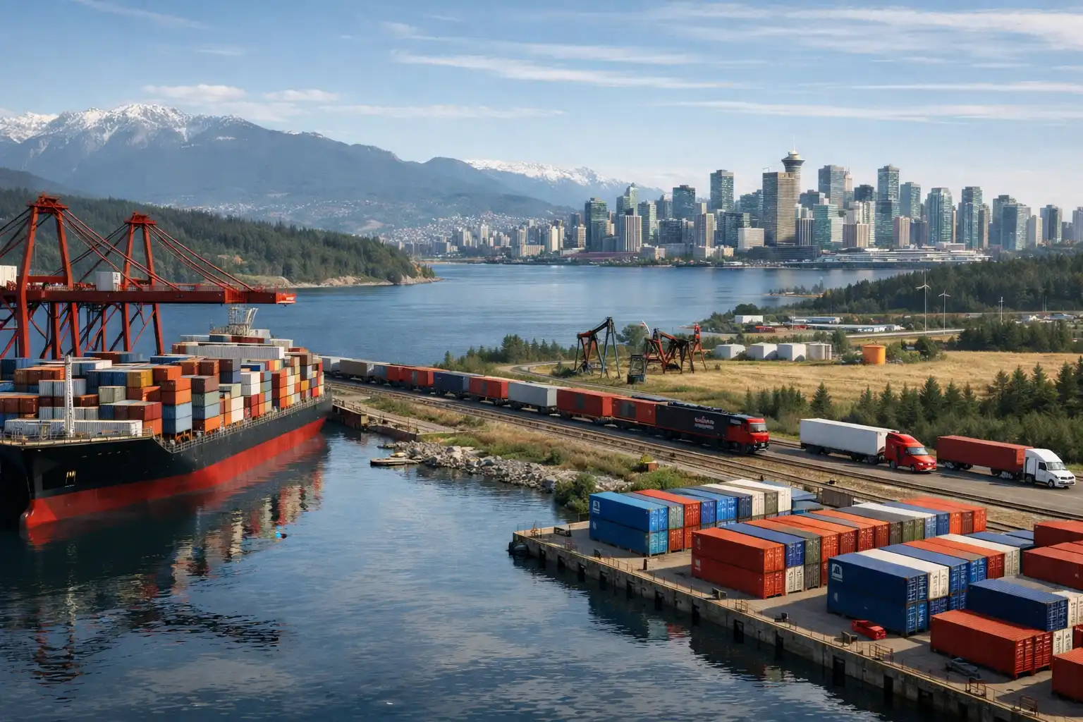 A wide-angle view of Canada’s interconnected economy, linking ports, transportation networks, natural resources, and a modern city skyline.