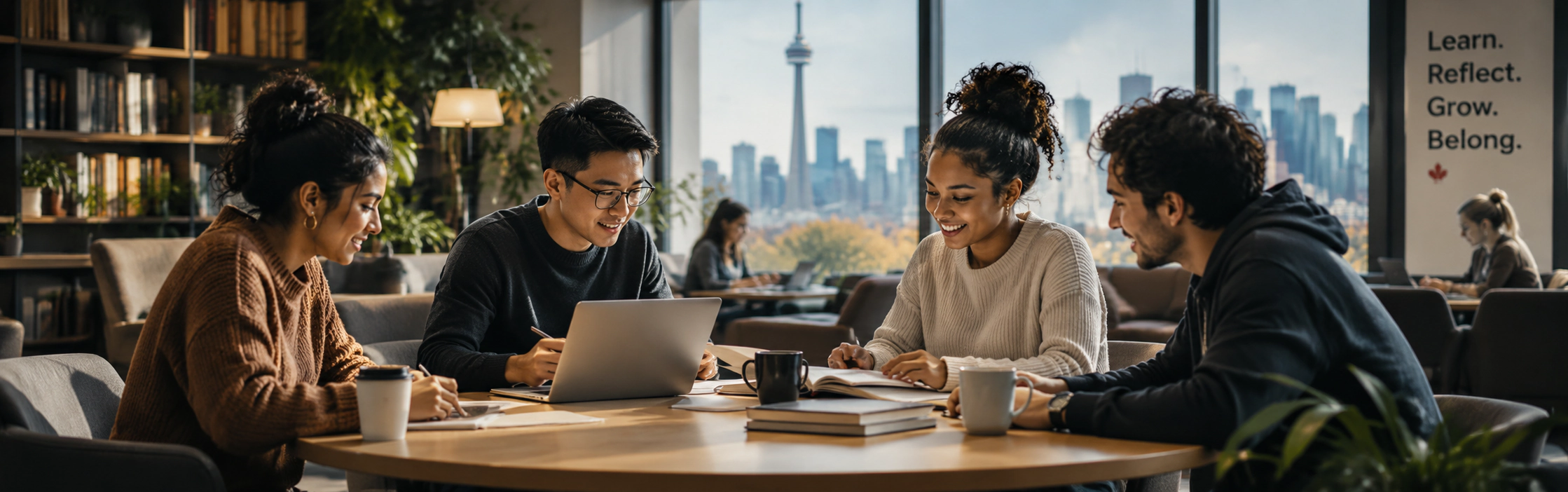 A study session at a sunlit table with the CN Tower and Toronto skyline through the window