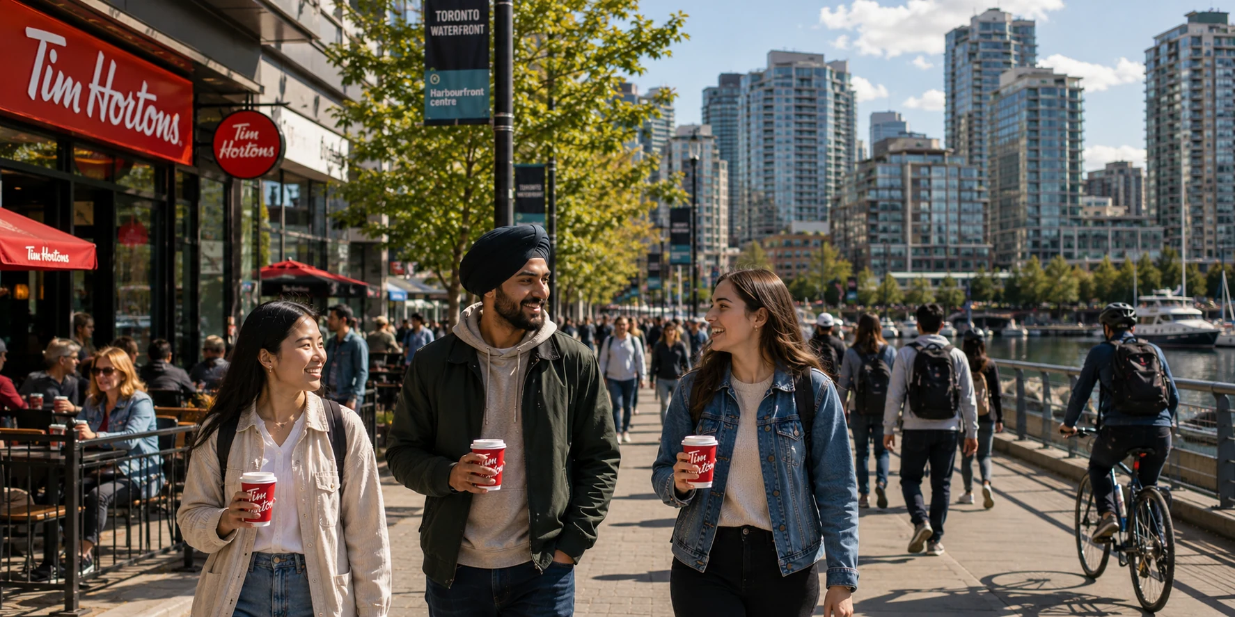 Friends walk along Toronto's Harbourfront, a snapshot of multicultural Canada in everyday life.