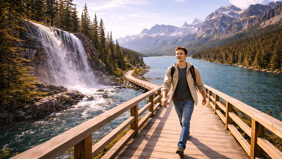 A learner walks along a wooden path beside a lake and waterfall, surrounded by forest and mountain scenery.