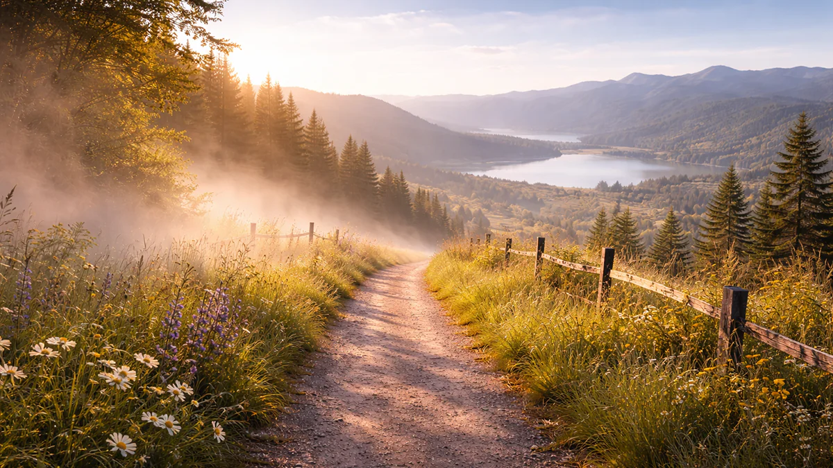 A quiet dirt path leads through grassy fields and trees as morning fog lifts over a distant lake and hills.