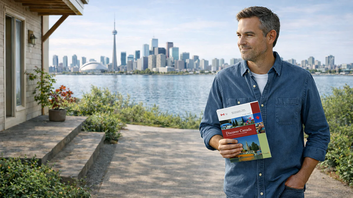 A calm moment of preparation that builds confidence through steady pressure free study of Discover Canada.
